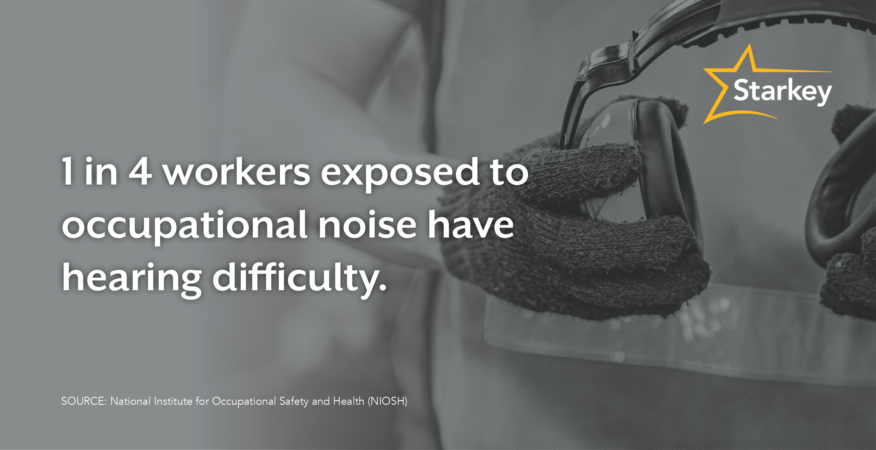 Image of hearing statistic that says "One in four workers exposed to occupational noise have hearing difficulty."